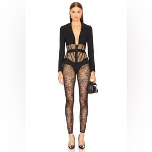NWT REVOLVE Michael Costello Claudette Jumpsuit in Black lace corset nude sheer